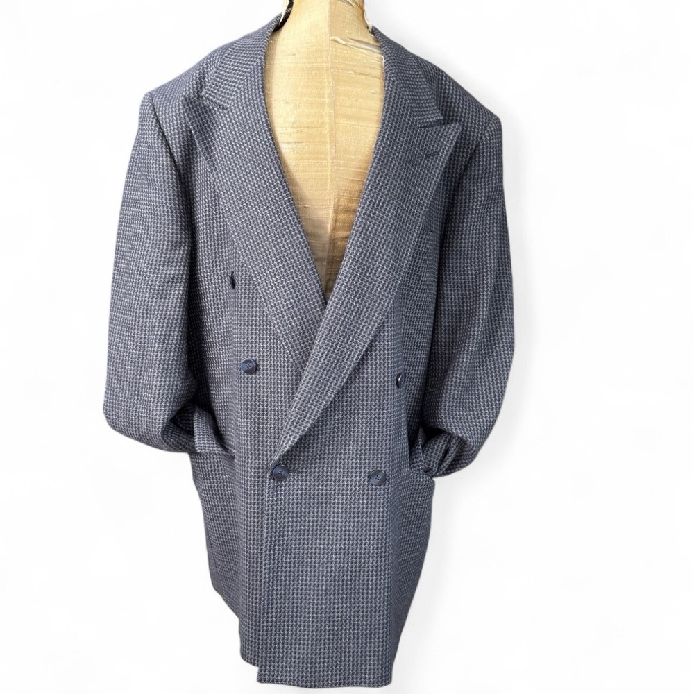 46L Blue/Gray/black loose-weave Tooth Check LAMBSWOOL Tweed Blazer Jacket Coat